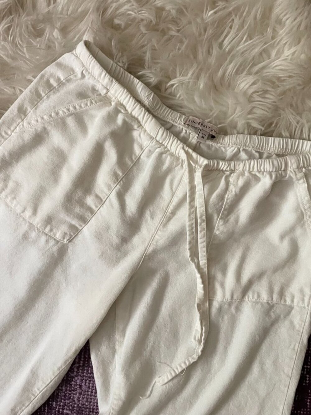 low rise wide leg white trousers beachy boho minimalist linen blend - Picture 4 of 5